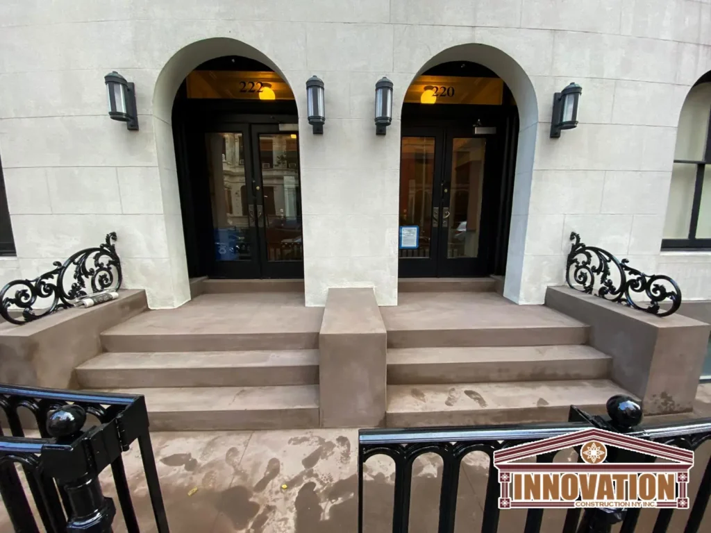 Finished exterior stoop with preserved architectural features