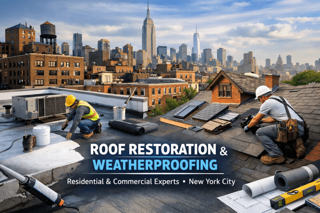 Roof restoration and weatherproofing work in New York City showing flat roof waterproofing, reflective coating application, and pitched roof repairs on residential and commercial buildings.