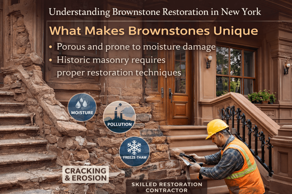 Restored Brooklyn brownstone showcasing original stone details and craftsmanship