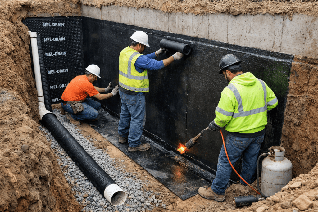 Basement waterproofing system using waterproof membrane and hydrophobic systems