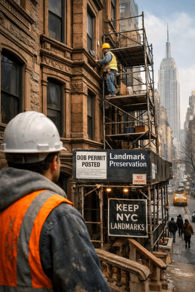 Brownstone contractor Manhattan performing facade restoration on historic brownstone with scaffolding and landmark-compliant masonry work