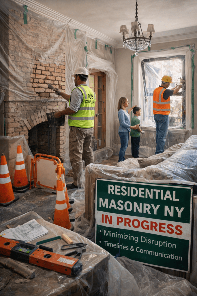 Residential masonry contractors NYC working inside a Manhattan brownstone with protected interiors and structural reinforcement by a brownstone contractor Manhattan