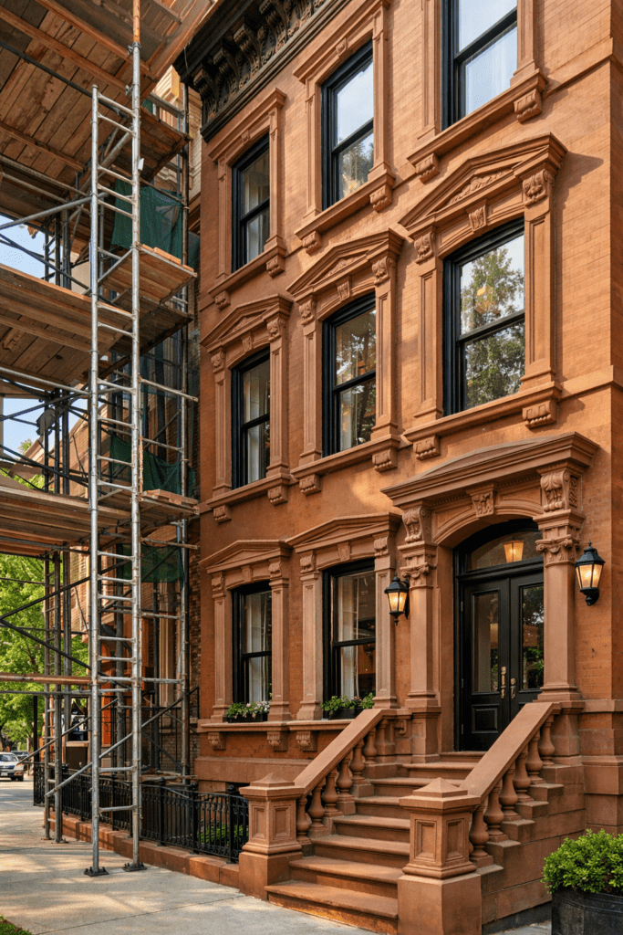 Facade Restoration NYC – Brooklyn brownstone facade restoration with repaired masonry and exterior stonework