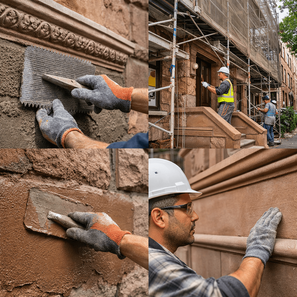 Brownstone facade restoration showing scratch coat application by an experienced brownstone contractor in NYC