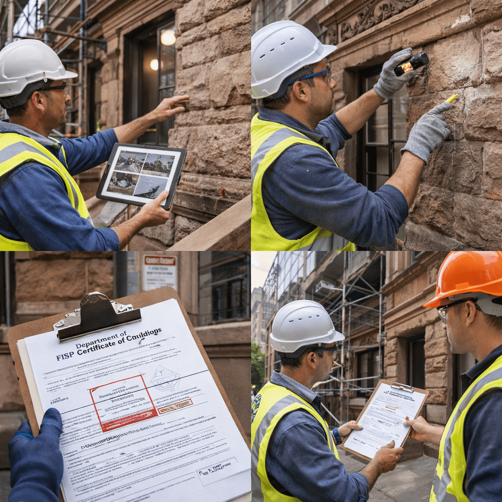 Facade inspection in NYC showing a brownstone contractor reviewing exterior conditions during a routine building assessment