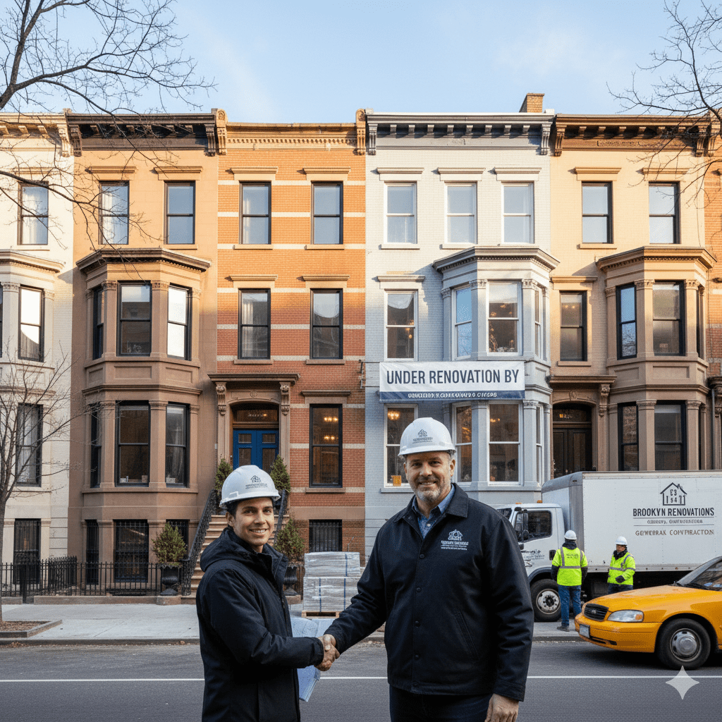 Brownstone renovation work including masonry repair and stoop restoration in Brooklyn NY