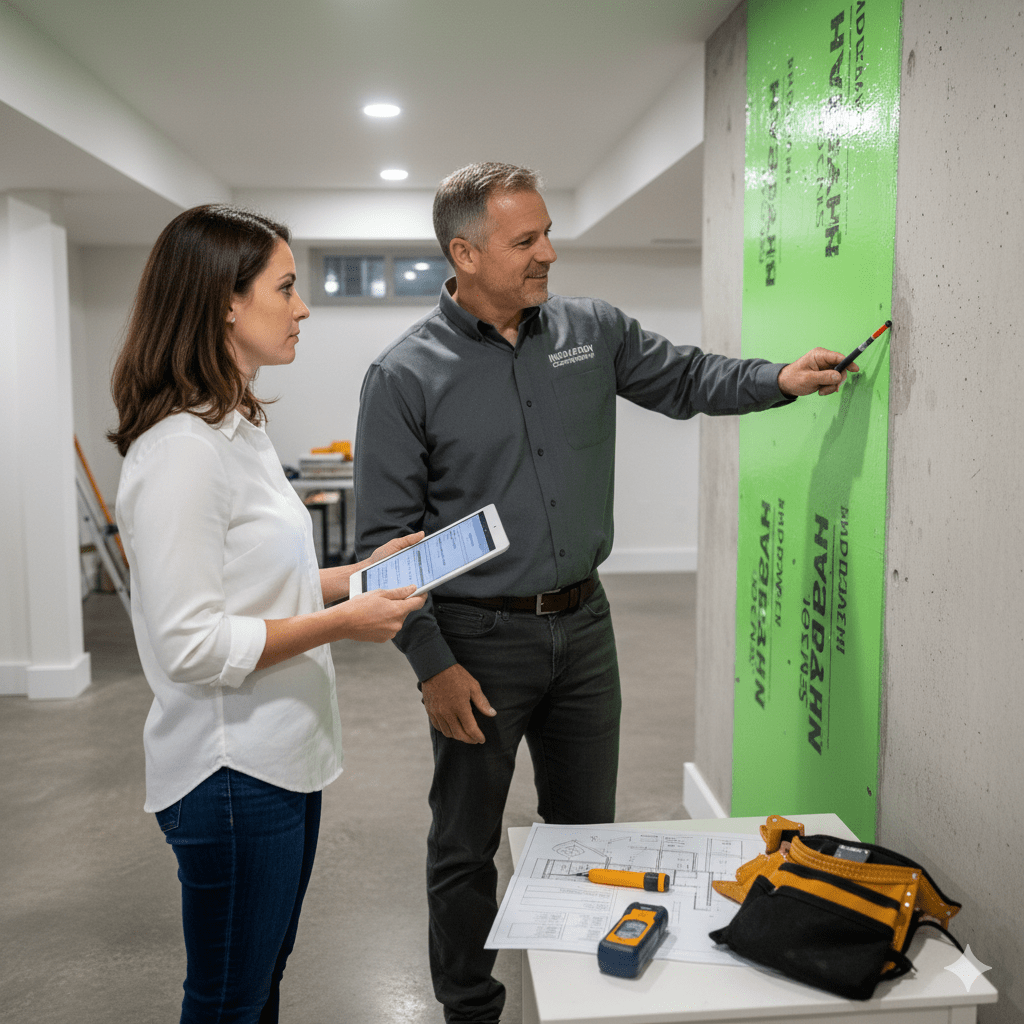 Professional waterproofing contractors inspecting a basement foundation in New York
