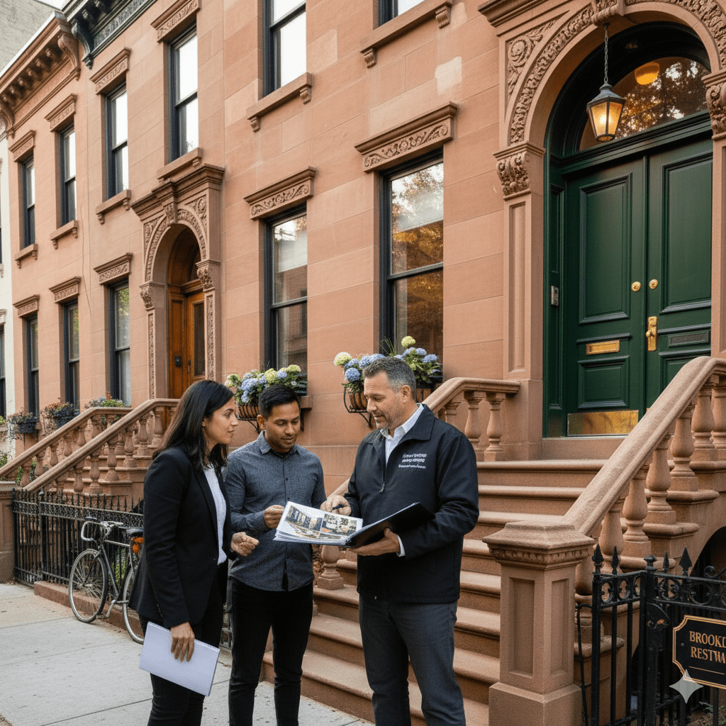 Choosing the right brownstone contractor in Brooklyn with a homeowner meeting a trusted brownstone restoration contractor outside a historic brownstone