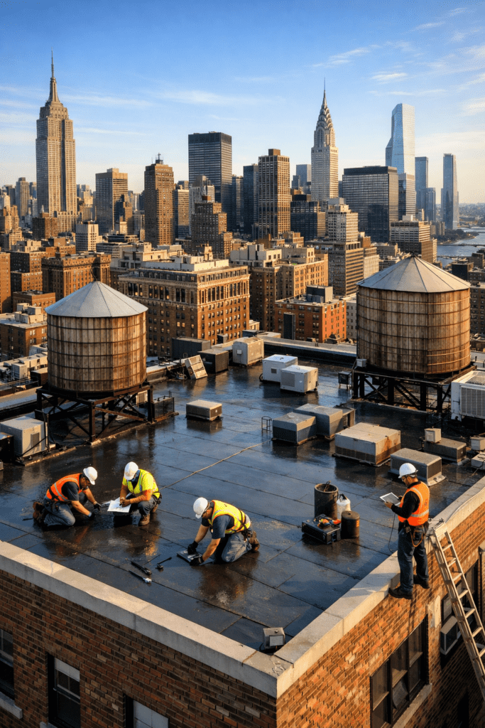 Roofing in NYC on a commercial rooftop with city skyline