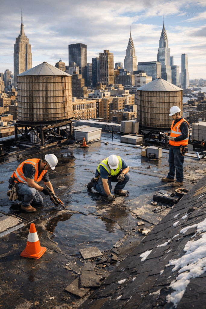 Three roofing contractors repairing a flat roof in New York City, addressing leaks and water damage, with water tanks and the city skyline in the background.