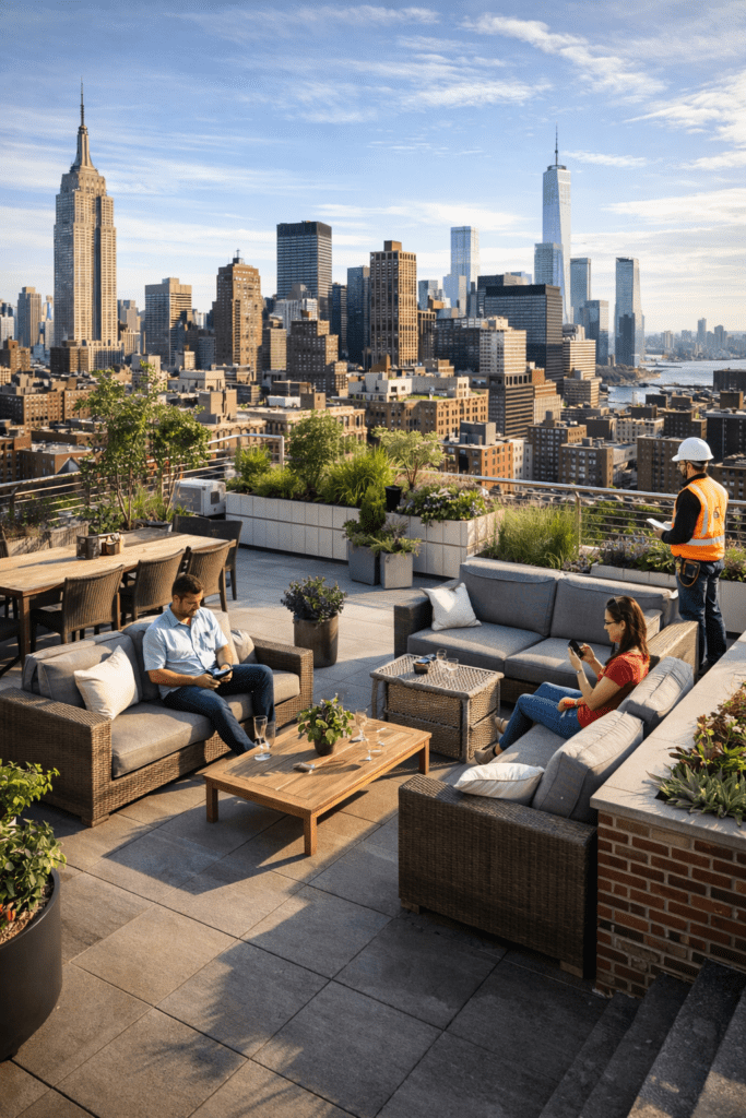 A New York City rooftop terrace designed as a functional social space with outdoor furniture, planters, energy-efficient and tile roofing, and a roofing professional inspecting the roof, with the city skyline in the background