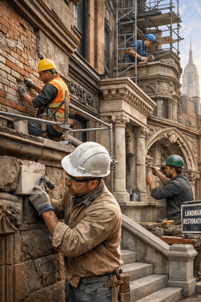 Skilled artisans performing Historical Landmark Brownstone restoration on a historic NYC building, repairing stone façades, carvings, mortar joints, limestone stairs, and brickwork.