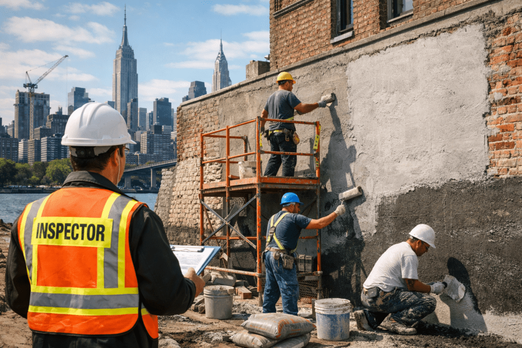 Stucco & waterproofing work on a retaining wall in NYC with inspector monitoring restoration and waterproof coating application