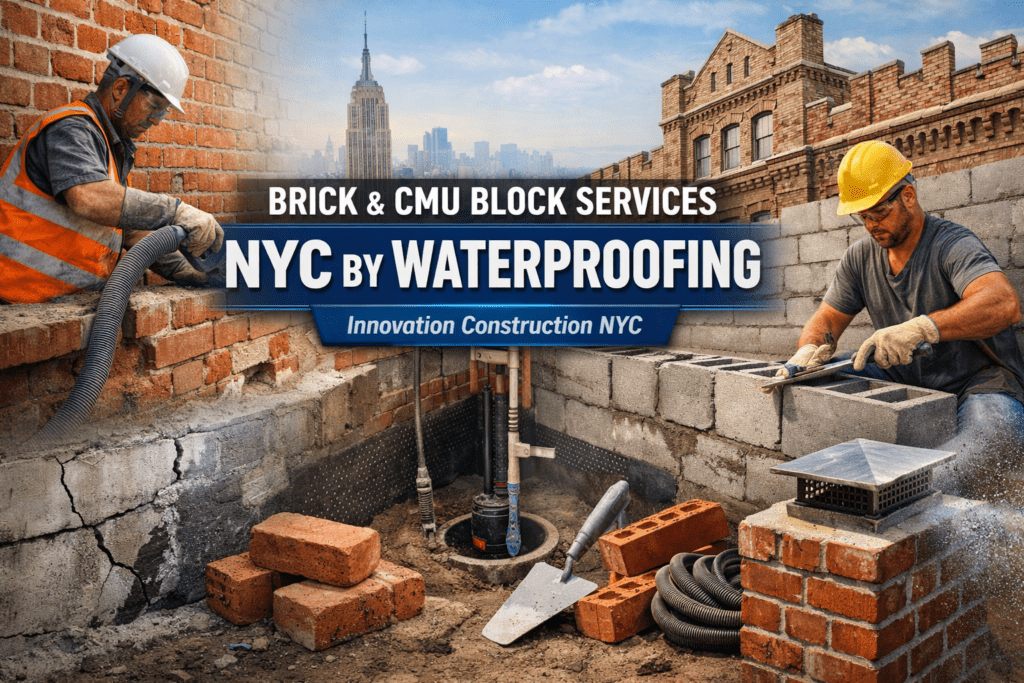 Masons installing brick and CMU block walls in NYC with waterproofing, mortar joint alignment, and façade restoration.