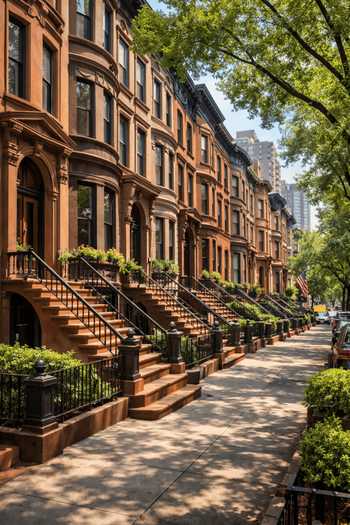 Row of classic NYC brownstones in Manhattan with raised stoops, ornate facades, and tree-lined streets showcasing historic architecture.