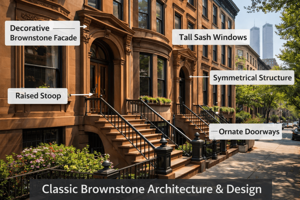 Historic Manhattan brownstones featuring decorative facades, symmetrical structures, and detailed architectural elements on a tree-lined street.