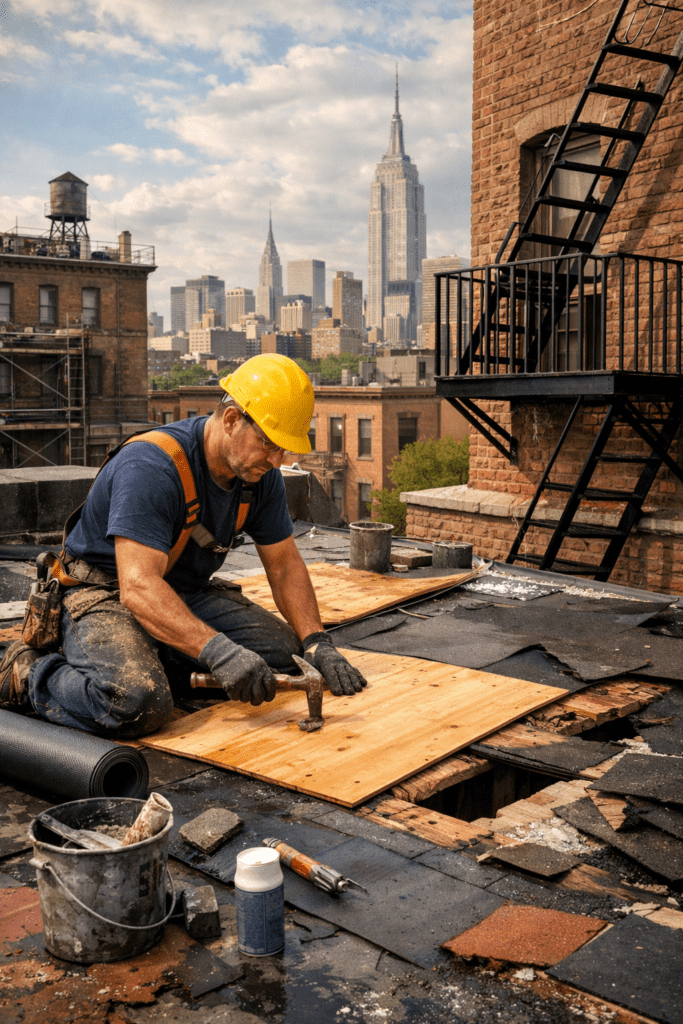Skilled worker restoring a brownstone roof in NYC with plywood, waterproofing, and a fire escape visible.