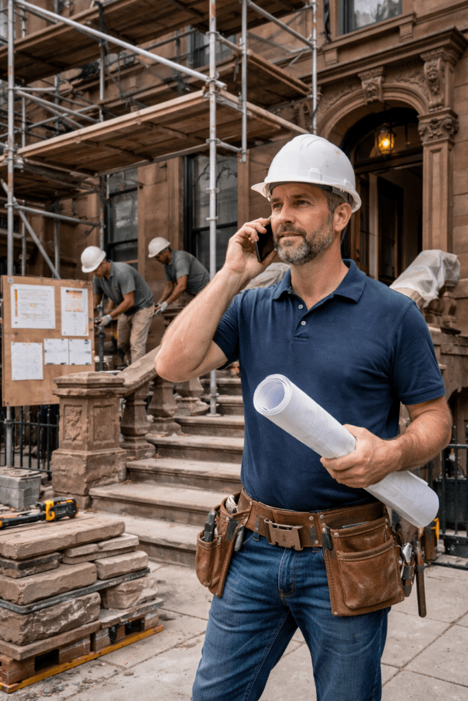 Professional contractor overseeing brownstone facade restoration, pointing out work areas and coordinating a team repairing masonry and the stoop on a Brooklyn brownstone