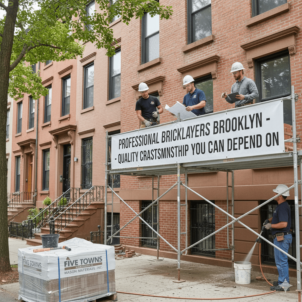 Professional Brooklyn bricklayers on scaffolding reviewing blueprints for a brownstone restoration, featuring Five Towns Mason Materials and power washing services.