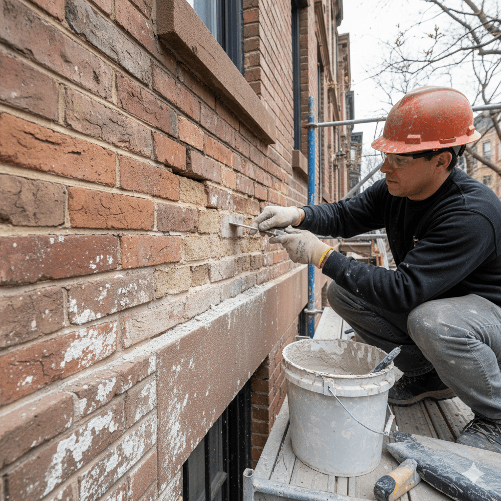 A professional masonry worker performing brick pointing on a Brooklyn brownstone, removing crumbling mortar and applying fresh mortar to restore the exterior wall.