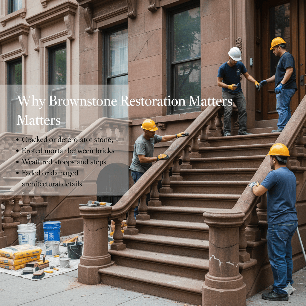 Brownstone renovation contractor in a hard hat holding blueprints and speaking on the phone, supervising restoration work on a historic Brooklyn brownstone with scaffolding and workers in the background