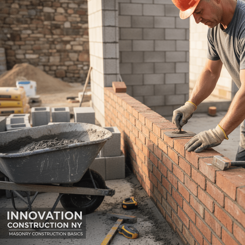 A professional mason from Innovation Construction NY laying red bricks with mortar on a construction site. The scene highlights masonry basics, showing a wheelbarrow with cement mix, concrete block walls (CMU) in the background, and a rustic stone wall, illustrating various types of masonry construction.