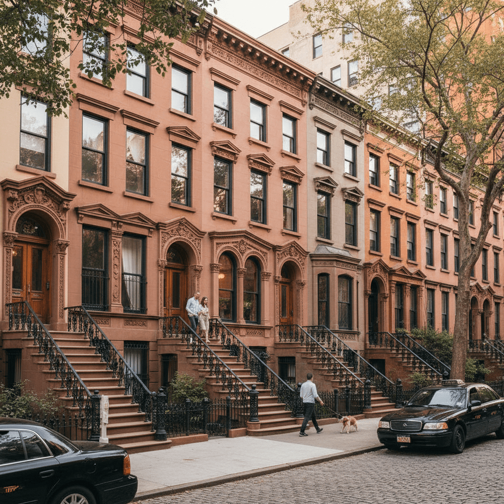 A row of historic brownstone townhouses in New York City, featuring characteristic reddish-brown sandstone facades, high stoops with ornate iron railings, and detailed cornices. The scene depicts a classic NYC street with a cobblestone road, a black taxi, and people walking, capturing the architectural essence of a landmark district.