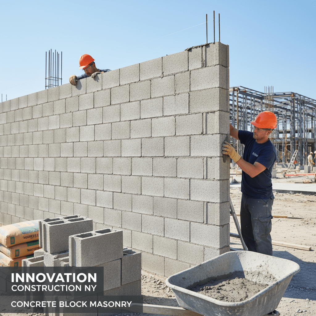 Professional masons at Innovation Construction NY building a large concrete block wall (CMU) at a commercial construction site. The image shows precisely laid precast blocks, steel reinforcements, and a wheelbarrow with mortar, highlighting the durability and thermal mass benefits of concrete block masonry.
