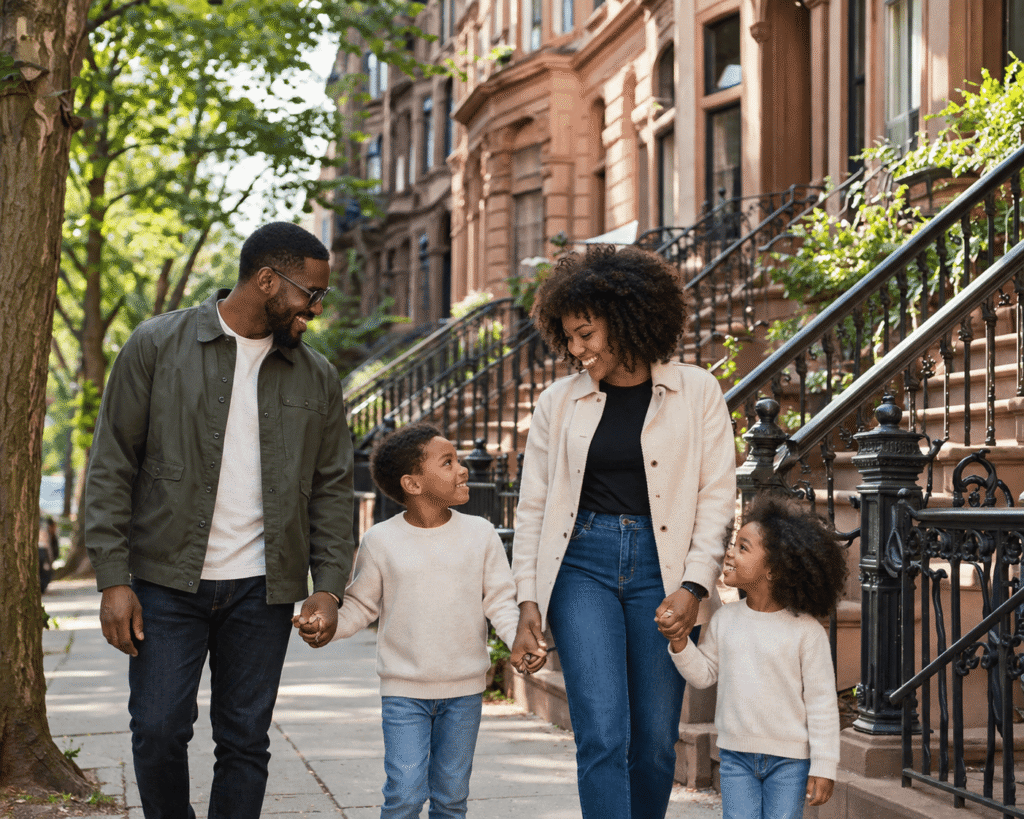 Family enjoying the Brooklyn brownstone lifestyle on a tree-lined street with historic brownstone homes and classic stoops in a charming neighborhood.