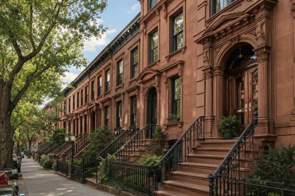 Beautifully preserved Brooklyn brownstone homes with classic stoops, ornate stone façades, and tree-lined sidewalks in a historic residential neighborhood.