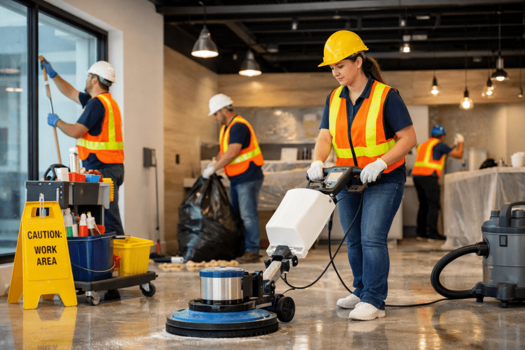Team performing post construction cleaning inside newly renovated commercial property