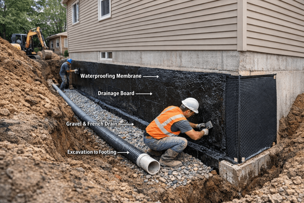 Exterior basement waterproofing in progress, showing workers applying a membrane, installing drainage boards, and a French drain around the foundation to prevent water damage, mold, and structural issues.