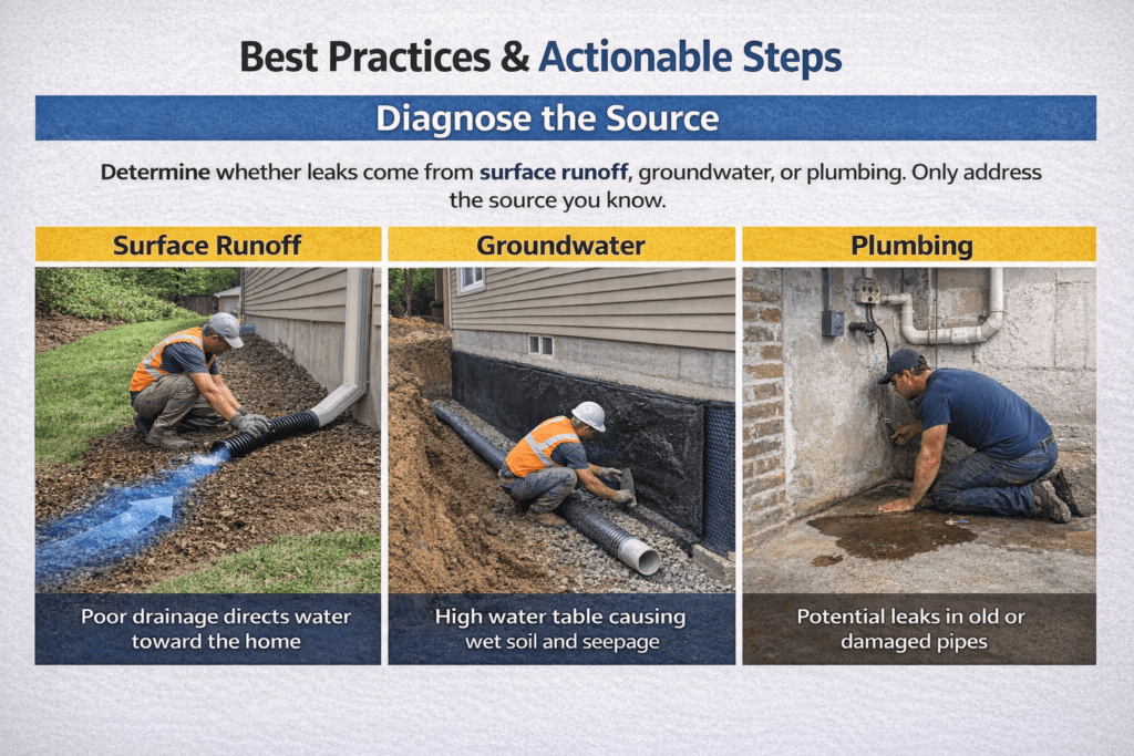 Best practices for exterior basement waterproofing showing three sources of leaks: surface runoff with poor drainage, groundwater causing wet soil and seepage, and plumbing issues with potential leaks in old pipes.