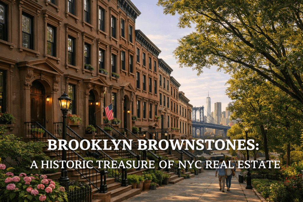 A picturesque Brooklyn street with historic brownstones, adorned with flower-filled planters, illuminated by street lamps. A couple walks along the stone-paved sidewalk, with the Manhattan Bridge and One World Trade Center in the background, capturing the charm of NYC real estate.
