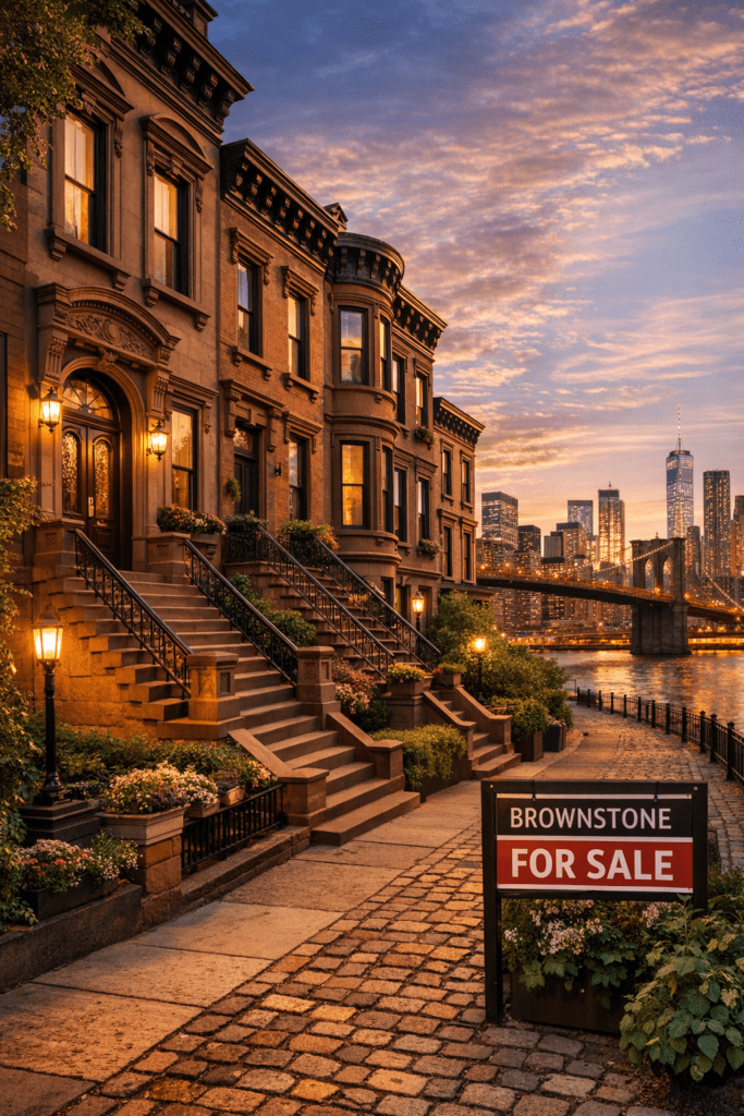 Brooklyn brownstones for sale along tree-lined cobblestone streets with historic brown sandstone façades and Manhattan skyline in the background