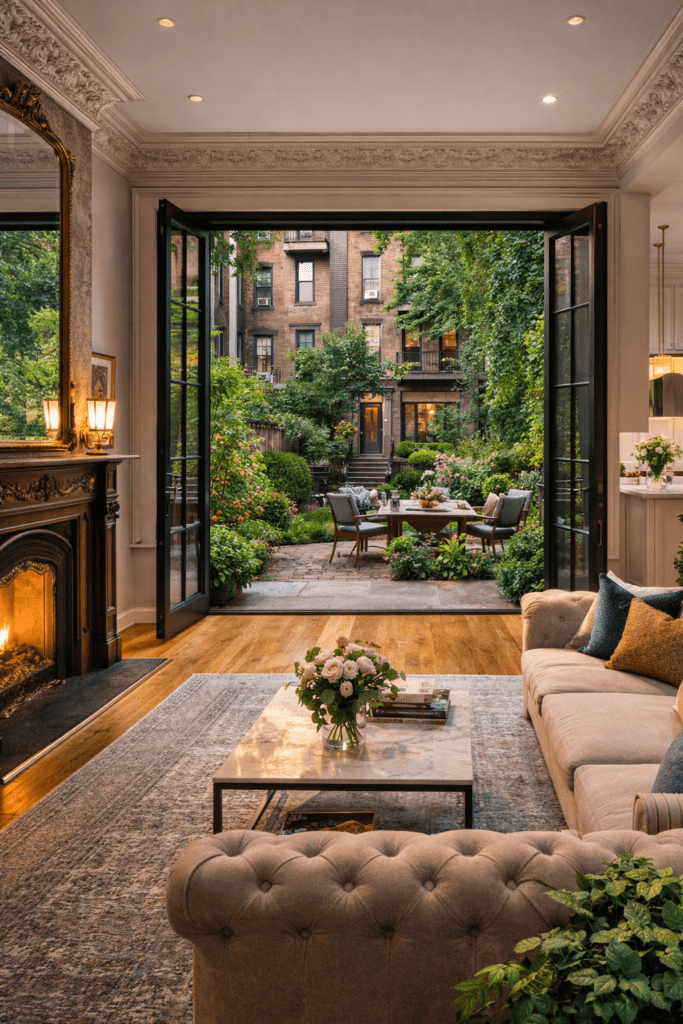 Renovated Brooklyn brownstone interior with open-plan living area, modern kitchen, and private garden, blending historic charm with contemporary design
