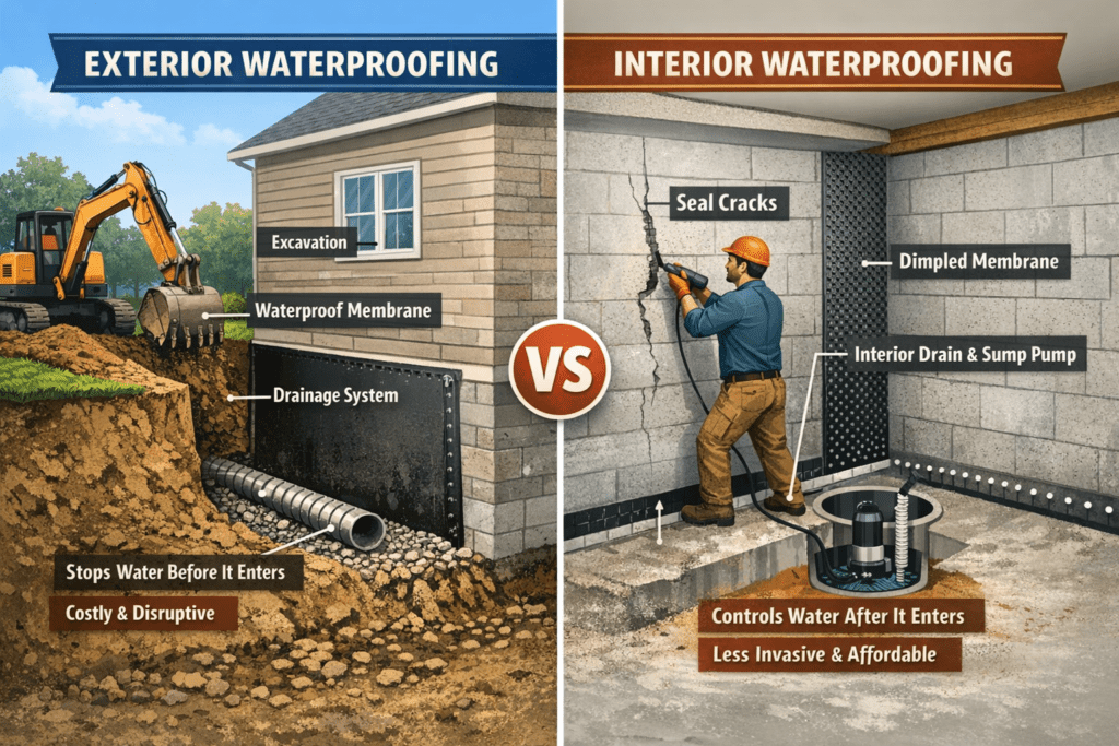 Digital infographic comparing exterior vs. interior basement waterproofing. Left side shows exterior waterproofing with excavation, waterproof membrane, and drainage system to stop water before it enters. Right side shows interior waterproofing with a worker sealing cracks, installing a dimpled membrane, interior French drain, and sump pump to control water after it enters. Labels highlight differences in cost, invasiveness, and method.