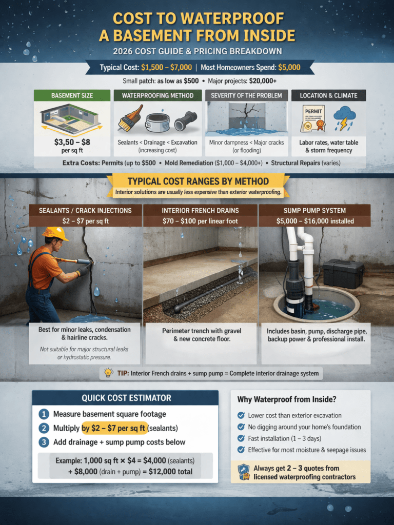 Infographic showing the cost of waterproofing a basement from the inside. Includes a 2026 cost guide with typical ranges ($1,500–$7,000, average $5,000) and factors affecting cost: basement size, method, severity of the problem, location/climate, and additional expenses. Illustrates three interior solutions with visuals: sealants/crack injections ($2–$7 per sq ft), interior French drains ($70–$100 per linear foot), and sump pump system ($5,000–$16,000 installed). Provides step-by-step cost estimation and a quick example calculation. Clear, professional layout with labeled diagrams of sealed crack, interior French drain, and sump pump system.