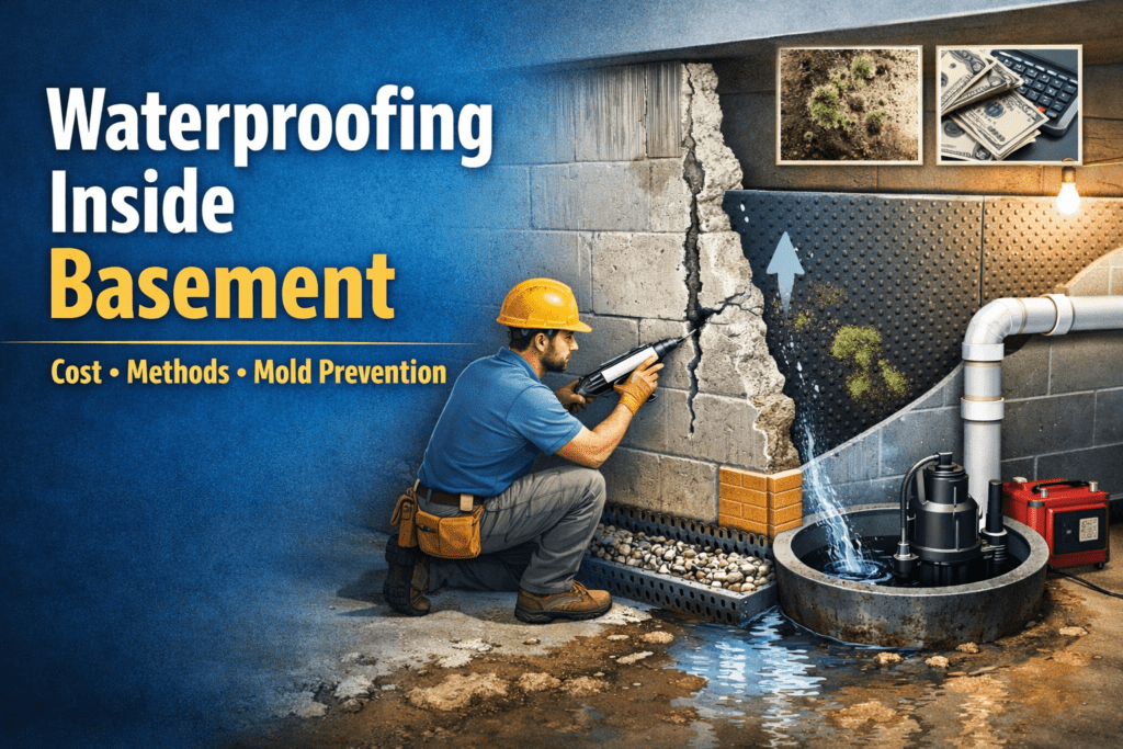 Basement Waterproofing Inside with Drainage System, Sump Pump, and Mold Prevention