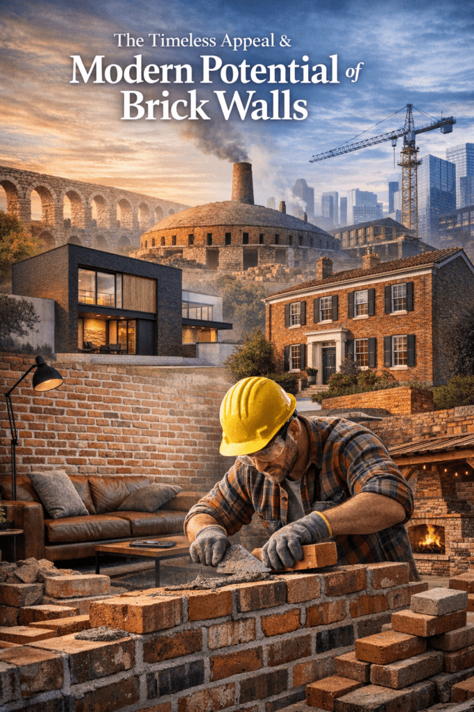 Mason building a brick wall with modern and historic brick architecture including Roman structures, industrial kilns, and contemporary homes