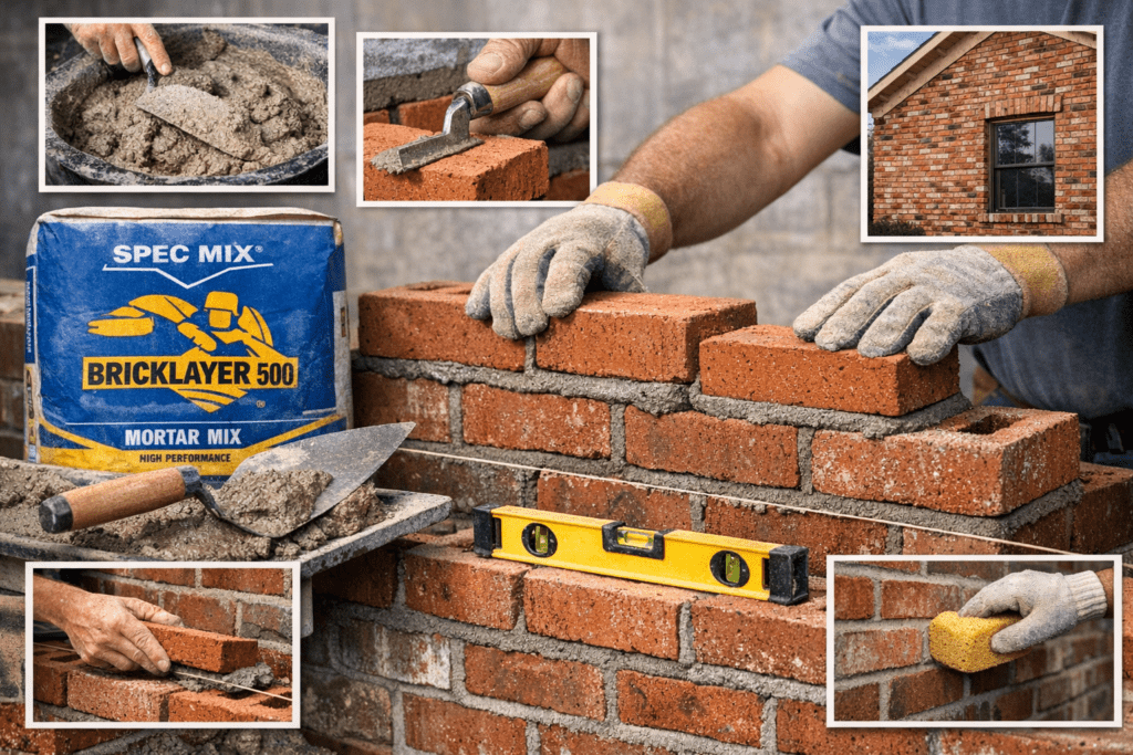 A construction worker wearing gloves is building a brick wall using Spec Mix Bricklayer 500 mortar. The image shows hands placing red bricks, a yellow spirit level for alignment, and a trowel with mortar. Insets highlight close-ups of mixing mortar, applying mortar on bricks, laying bricks in courses, and finishing the joints with a sponge. An exterior brick facade is visible in the background.