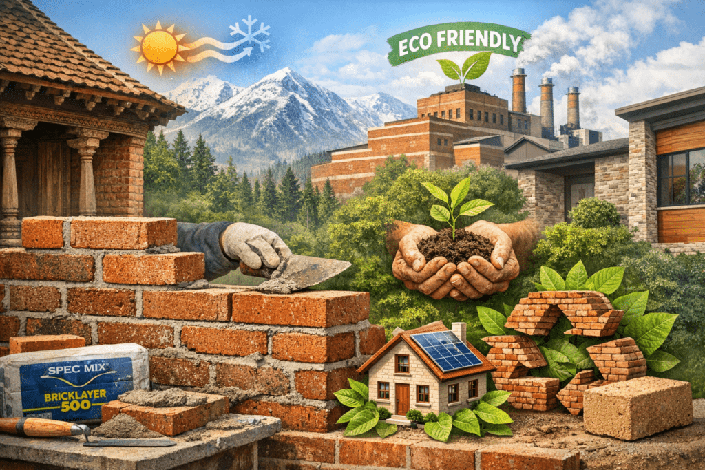 A bricklayer builds a strong red brick wall using Spec Mix Bricklayer 500 mortar, surrounded by symbols of sustainable construction: hands holding soil with a growing plant, a miniature eco-friendly house with solar panels, stacked recycled bricks forming a leaf shape, and a factory labeled "Eco Friendly" in the background, with mountains, greenery, and sunlight illustrating thermal mass and energy efficiency.