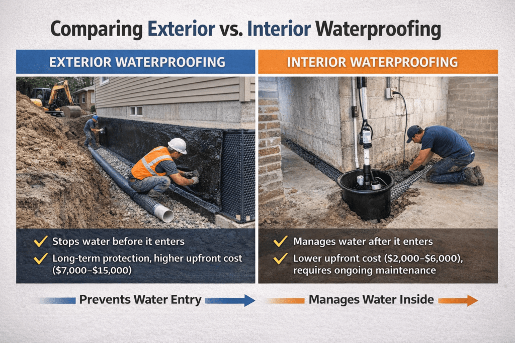 Side-by-side comparison of exterior vs. interior basement waterproofing. Left shows exterior membrane, French drains, and proper grading preventing water entry. Right shows interior sump pump and drain tiles managing water inside the basement.