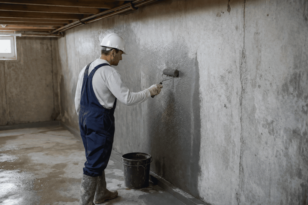 Contractor applying interior waterproof coating to a concrete basement wall as part of an inside basement waterproofing project.