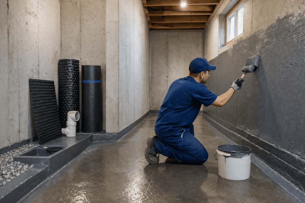Professional contractor applying waterproof coating to an interior concrete basement wall with drainage system for moisture protection.