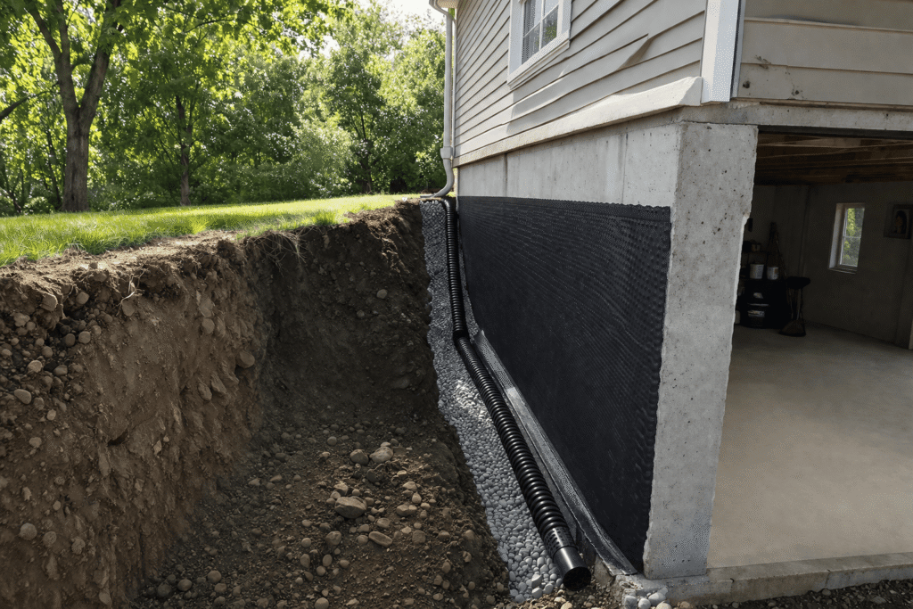 Exterior basement waterproofing system with foundation membrane and drainage installed around a residential home