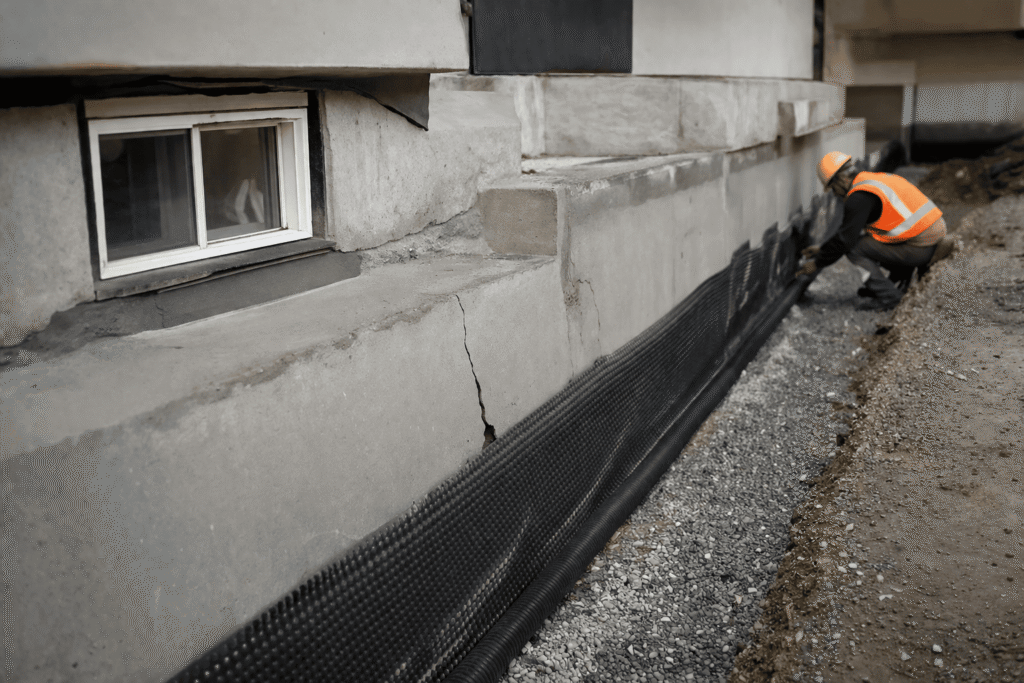 Exterior basement foundation showing cracks, moisture damage, and waterproofing membrane installation to prevent water intrusion.