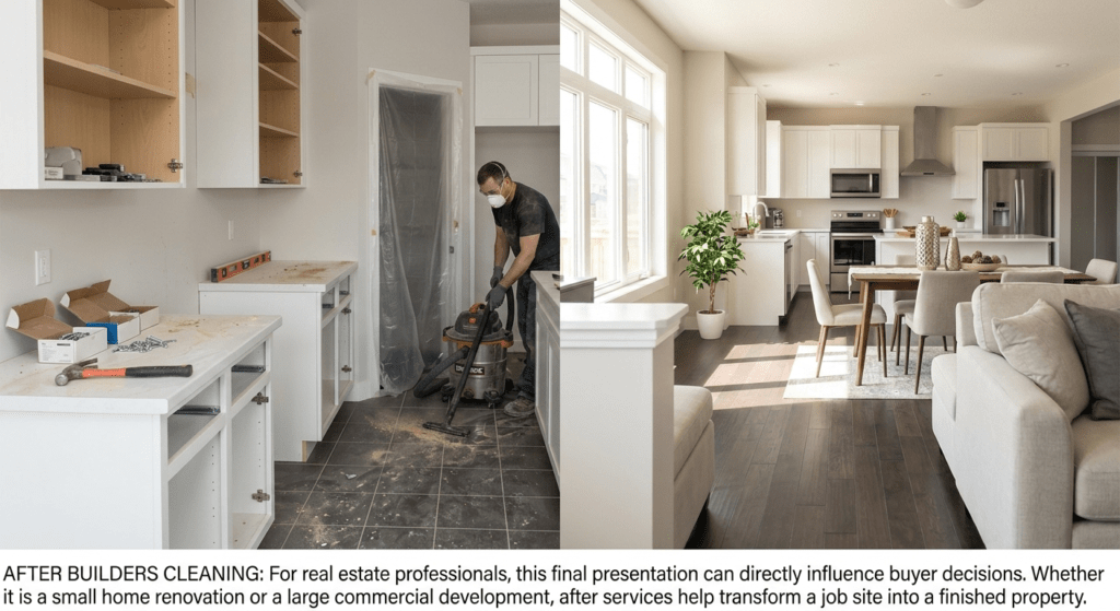 A professional split-screen comparison highlighting 'After Builders Cleaning.' The left panel shows a kitchen under construction with tools, dust, and a professional cleaner using a heavy-duty vacuum. The right panel shows the same space transformed into a luxury, move-in-ready home with polished surfaces, bright lighting, and staged furniture. The bottom features a descriptive text banner about the importance of final presentation for real estate professionals.