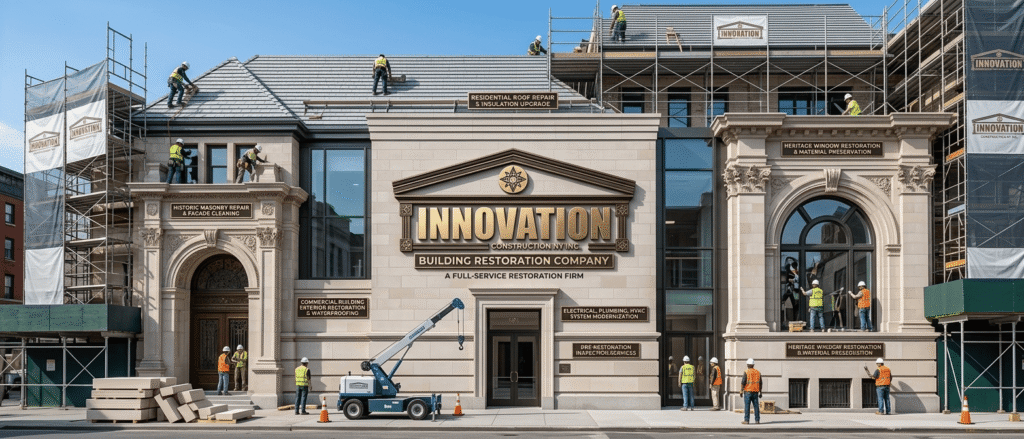 Commercial & Residential Integration: A wide-angle view of a structure that combines historic facade restoration on the lower levels with modern roof and insulation work on the upper residential portions.