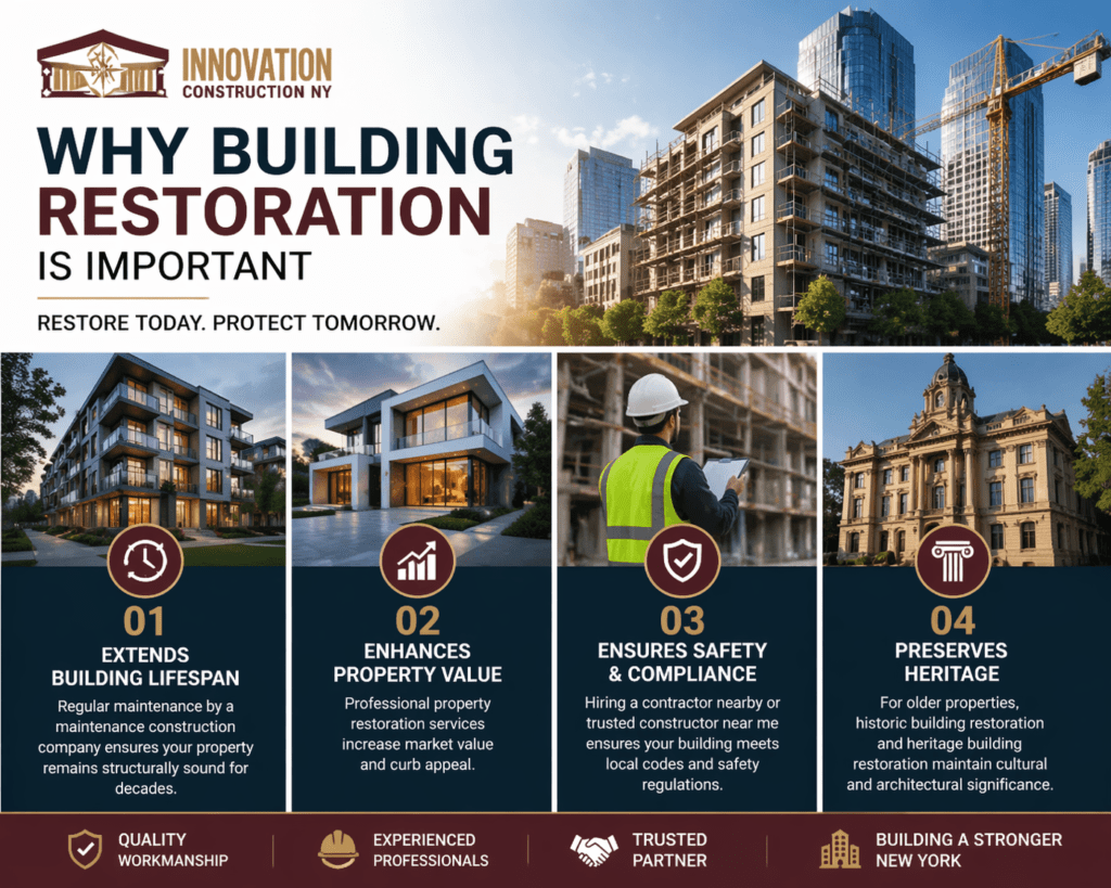 Infographic showing why building restoration is important, highlighting lifespan extension, property value, safety compliance, and heritage preservation by Innovation Construction NY.